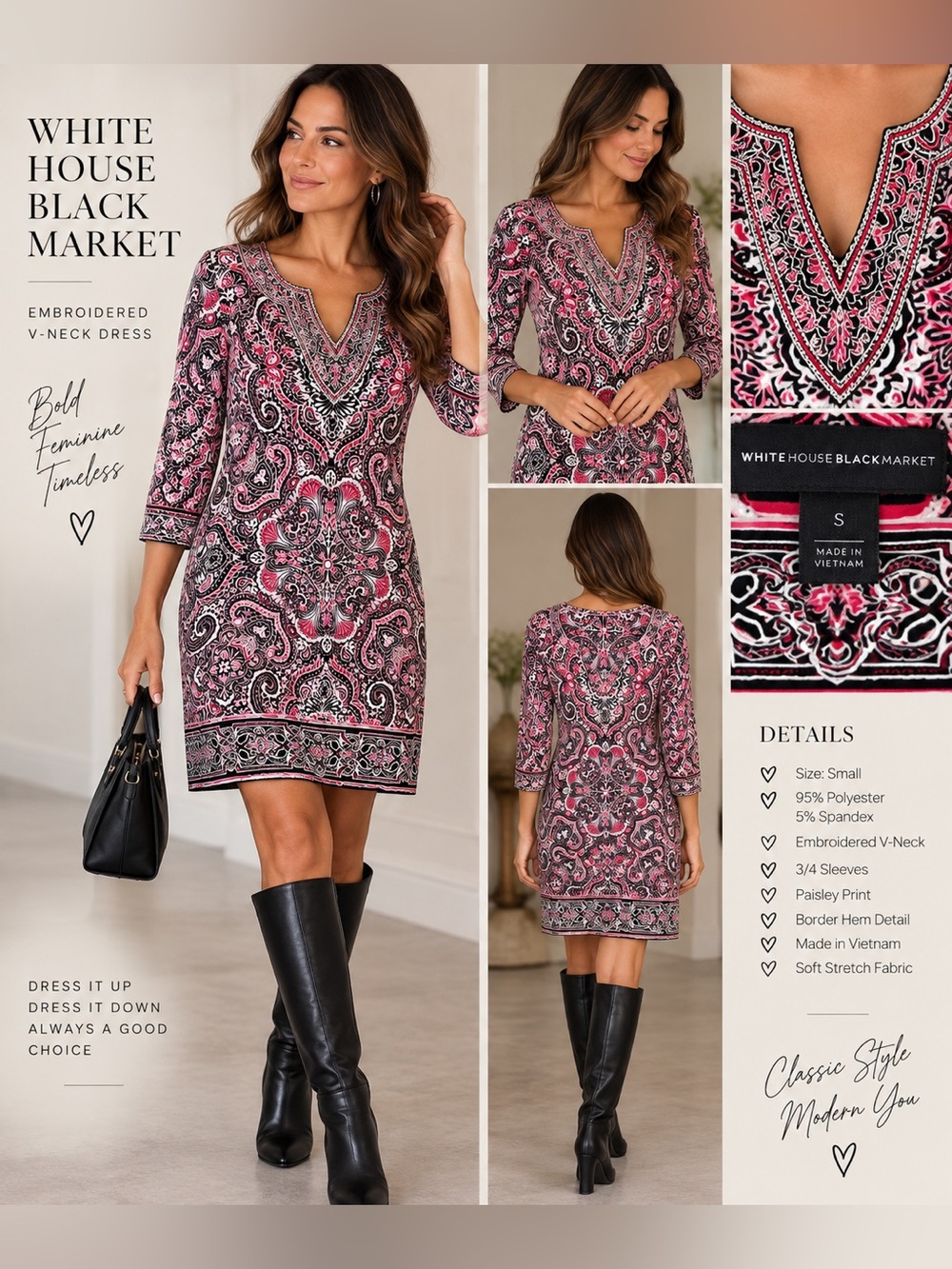 White House Black Market Paisley Dress Embroidered V Neck S